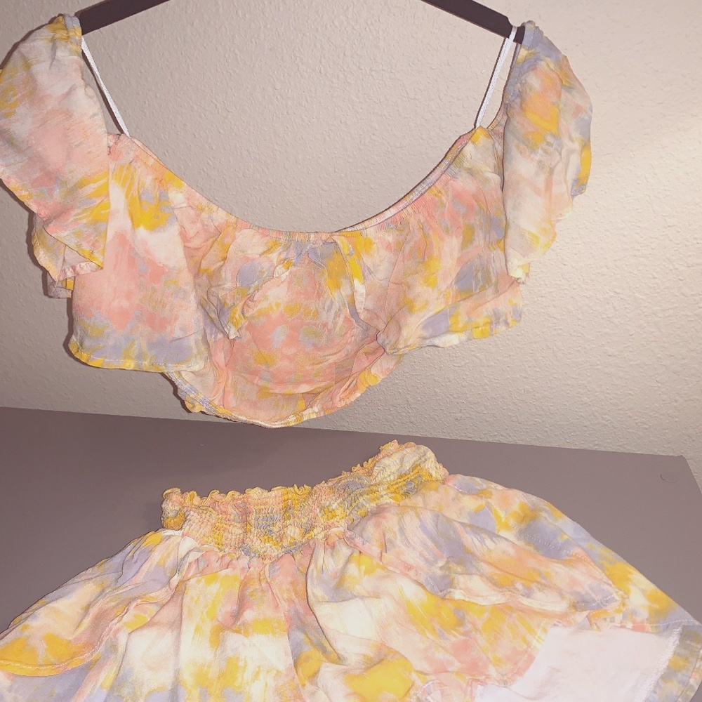 Crop Top & Shorts Matching Set, Watercolor, Multi-color design, yllw. blue pink